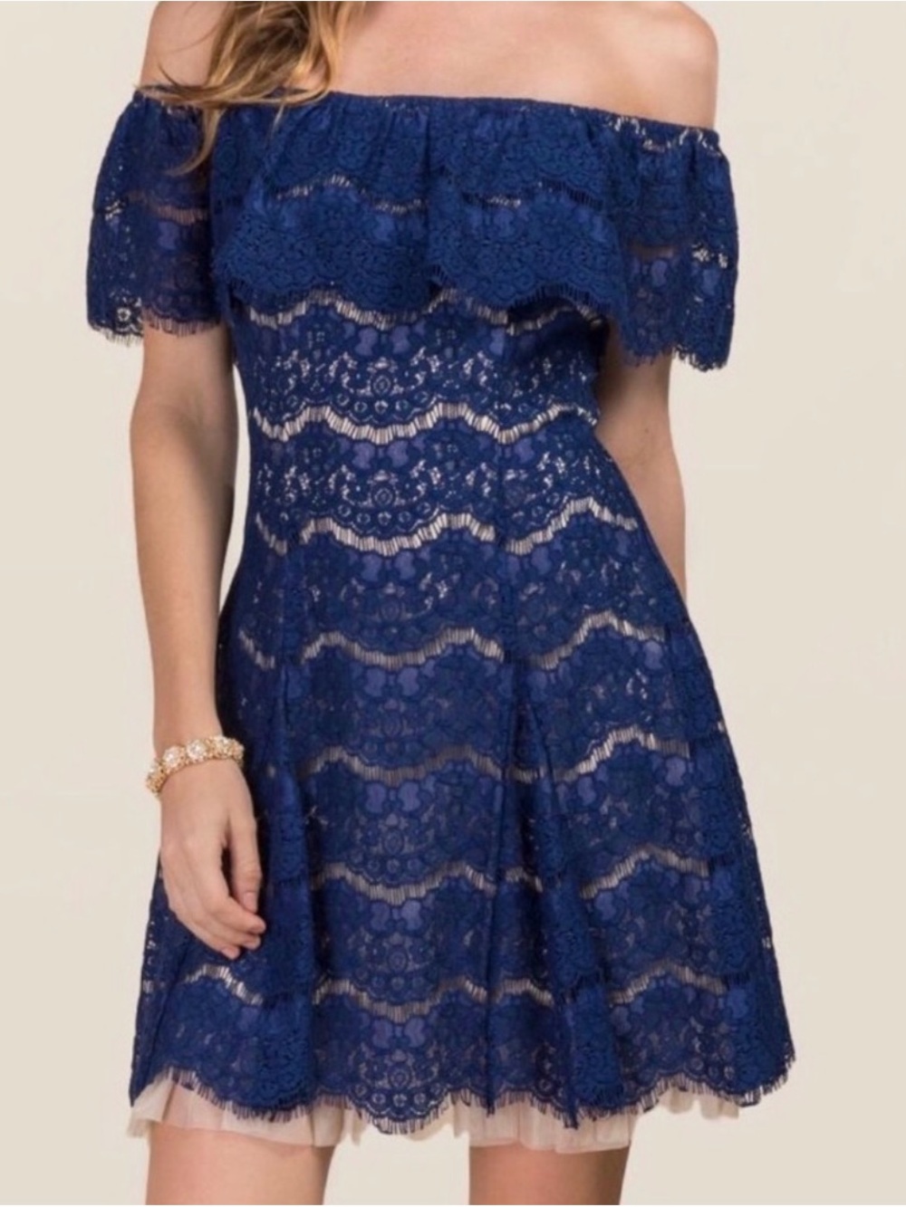 Francesca's Collections Blue Off-Shoulder Lace Midi Dress